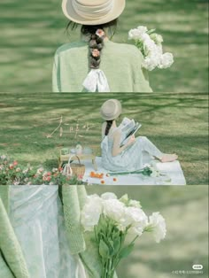 a woman sitting on top of a grass covered field next to flowers and holding a book