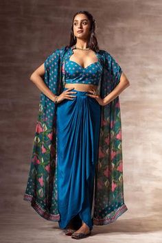 Shop for Ruhr India Blue Chiffon Floral Print Crop Top And Draped Skirt Set for Women Online at Aza Fashions Cape For Women, Lotus Print, Floral Print Crop Top, Strappy Crop Top, Draped Skirt, Indian Dress, Party Wear Indian Dresses, Crop Top Outfits, Print Crop Tops