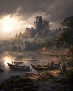 a painting of a castle and boats on the water