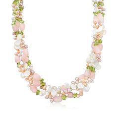 4-5mm Multicolored Cultured Pearl and Multi-Gemstone Torsade Necklace with Sterling Silver. 19" Byzantine Necklace, Peridot Color, Gemstone Drop Earrings, Peridot Stone, Rose Pendant, Rose Quartz Ring, Rose Quartz Beads, Freshwater Cultured Pearls, Pearl Gemstone