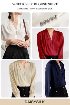 22 Momme 100% Mulberry Silk Blouse Shirt for in & outside of office collection in multi colors Silk Shirt Blouses, Top For Women, Blouse Shirt, Day And Night, Silk Shirt, Mulberry Silk, Perfect Shirt, Dressed Down, Neck Shirt