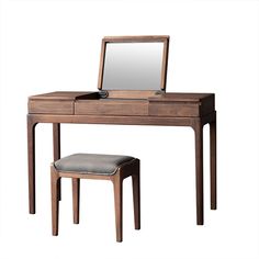 a wooden desk with a mirror and stool on it's sides, against a white background