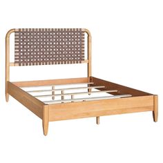 a wooden bed frame with an upholstered headboard