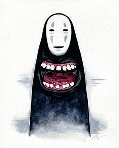 a watercolor drawing of a ghost with teeth and mouth