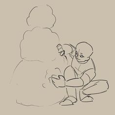 a drawing of a person sitting next to a snowman with one hand on the ground