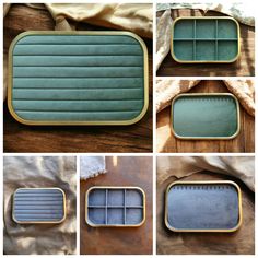 four different views of an empty tray on a wooden surface, including one with compartments and the other without