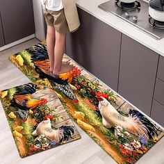 a woman standing on the kitchen floor looking at roosters