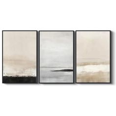 three abstract paintings in grey and white with black accents on the sides, one is an ocean scene