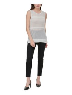 CALVIN KLEIN Womens Silver Sheer Metallic-flecked Sleeveless Crew Neck Sweater M Modern Fitted Calvin Klein Top, Trendy Fitted Calvin Klein Tops, Fitted Trendy Calvin Klein Tops, Chic Stretch Vest For Spring, Calvin Klein Cotton Tops For Fall, Casual Stretch Calvin Klein Tank Top, Calvin Klein Summer Tank Top, Calvin Klein Fitted Summer Tank Top, Calvin Klein Fitted Tank Top For Summer