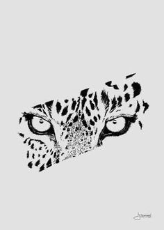 a black and white drawing of a leopard's face with big eyes on a gray background