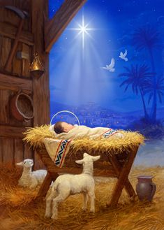 a painting of a nativity scene with baby jesus in the manger, and two lambs