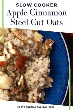 a blue plate topped with apple cinnamon steel cut oats