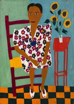 a painting of a woman sitting on a chair next to a vase with sunflowers