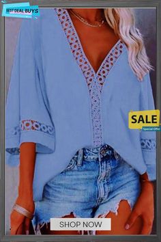 Hollolw V Neck Loose Blouse Solid Bohemian V-neck Blouse, Bohemian V-neck Top, Solid Color V-neck Blouse For Vacation, Solid Color Bohemian Blouse For Vacation, Bohemian V-neck Solid Color Blouse, Solid V-neck Blouse For The Beach, Solid V-neck Blouse For Beach, Solid V-neck Beach Blouse, Blue Solid Color Blouse For Beach