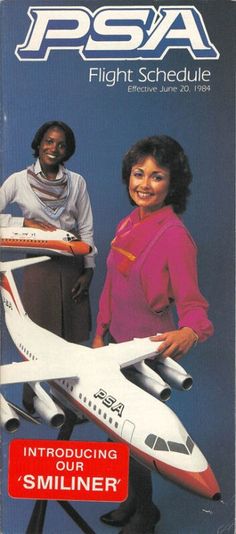 two people standing next to an airplane on the cover of psa flight schedules