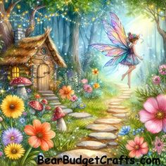 a painting of a fairy with flowers and a house in the woods, surrounded by trees