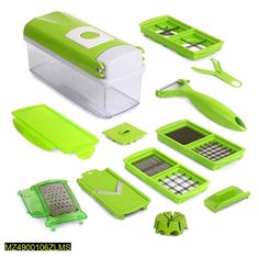 green kitchen utensils are arranged on a white surface with scissors and graters