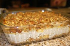 a casserole dish is sitting on the counter