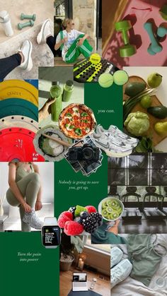 a collage of photos with food and objects