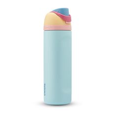 thermos insulated water bottle in pastel blue with pink trim and lid