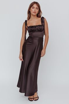 Pennelope Tied Shoulder Maxi Dress Black Brown Satin Sleeveless Maxi Dress, Brown A-line Maxi Dress For Formal Occasions, Formal Brown Maxi Dress With V-neck, Formal Brown V-neck Maxi Dress, Black A-line Silk Maxi Dress, Satin Clutch, Yellow Bridesmaid Dresses, Maxi Dress Black, Lace Bodycon Dress