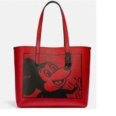 New With Tags: A Brand-New, Unused, And Unworn Item (Including Handmade Items) In The Original Packaging (Such As The Original Box Or Bag) And/Or With The Original Tags Attached. Coach Keith Haring Disney Mickey Mouse Highline Large Tote Electric Red. Crossgrain Leather Handles With 9 3/4" Drop 14 1/4" (L) X 12 1/4" (H) X 4 1/4" (W) Tm & Disney Keith Haring Foundation Color: Electric Red Multi Red Leather Tote Bag, Mickey Mouse Purse, Coach Disney, Coach Tote Bags, Coach Tote, Large Leather Tote, Coach Horse And Carriage Tote, Satchel Tote, Keith Haring