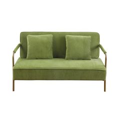 a green couch with two pillows on it's back and one arm folded up