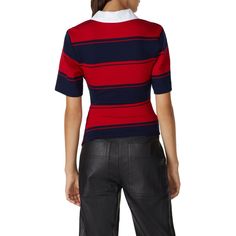 Red and blue striped jersey (100% Cotton). Top. Short sleeves. Shirt collar neckline. 24" from shoulder to hemline. Imported. Crew Neck Top With Contrast Stripes For Work, Striped Hem Tops For Workwear In Fall, Striped Hem Tops For Fall Workwear, Fall Workwear Tops With Striped Hem, Polo Collar Top With Contrast Stripes For Work, Red Casual Top With Collared Neckline, Polo Collar Contrast Stripes Top For Work, Striped Tops With Ribbed Collar For Work, Striped Top With Ribbed Collar For Work