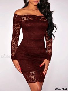 Olivia Mark - Lace Cocktail Dress: Sexy Decollete, Hollowed Shoulders, Slim-Fit, and Bodycon Elegant Bodycon Dress, Bodycon Pencil Skirt, Lace Evening Gowns, Lace Cocktail Dress, Basic Skirt, Cocktail Gowns, Lace Bodycon, Lace Evening Dresses, Lace Bodycon Dress