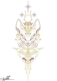 a drawing of a cat with horns and stars on it's head, in gold ink