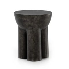 a black stool with two legs and a round table top on the bottom, sitting in front of a white background