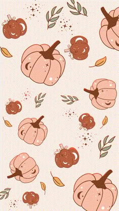 a pink background with pumpkins and leaves on it