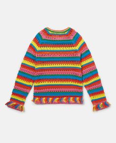 Kids Multicolour Rainbow Stripe Crochet Jumper Stella McCartney CA Stella Kids, Punk Pins, Boy Outerwear, Short Denim Skirt, Rainbow Kids, Cotton Crochet, Stella Mccartney Kids