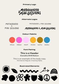 an info sheet with different types of logos and colors, including the words motherhood mini session