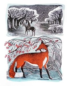 two drawings of foxes in the snow