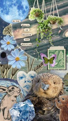 a collage of animals and flowers with the moon in the background