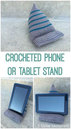 crocheted phone or tablet stand is shown in three different pictures, including the front and back