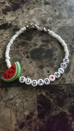 For those Harry styles fans... Super cute white bracelet with a watermelon charm and it reads next to it sugar high Standard adult size bracelet Fun White Everyday Bracelets, Fun White Bracelets For Everyday, Fun White Bracelet For Everyday, Fun White Bracelet For Everyday Wear, White Personalized Novelty Jewelry, Personalized White Novelty Jewelry, Novelty Personalized White Jewelry, Fun White Everyday Jewelry, Fun White Beaded Bracelets For Everyday