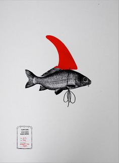 a drawing of a fish with a red hat on it's head, floating in the air