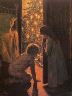 a painting of two children looking at a christmas tree in front of a lit - up window