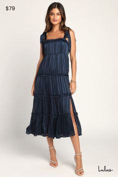 Be the belle of the event when you arrive in the Lulus Day for Romance Navy Blue Tie-Strap Tiered Midi Dress! Lightweight, woven chiffon boasts satin stripes outlined with sparkly lurex threading throughout as it shapes a ruffle-trimmed straight neckline and tying shoulder straps. A flowy silhouette boasts ruffled tiers before ending at a midi hem. Hidden back zipper/clasp. Fit: This garment fits true to size. Length: Mid-calf length. Size medium measures 43" from shoulder to hem. Bust: Works be Casual Formal Dresses, Navy Blue Tie, Dress Drawing, Casual Wedding Dress, Tiered Midi Dress, Straight Neckline, Striped Midi Dress, Super Cute Dresses, Dress With Tie