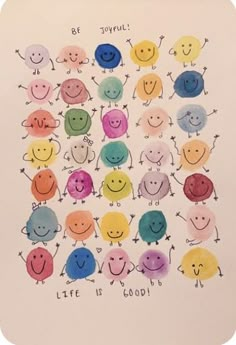 a card with different colored smiley faces on the front and back of it, which reads be joyful life is good