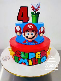 Super Mario #pastel #pasteleria #supermariobros #supermarioparty #supermariocake Mario Bros Cake Ideas, Cake Super Mario, Super Mario Cake