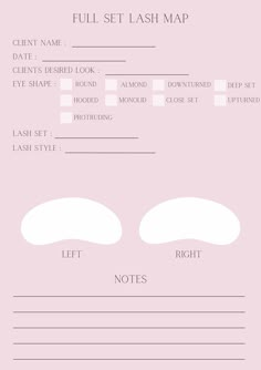 A lash map record form - PERFECT for keeping track of what style you do on each of your clients!  If you are a busy eyelash technician, it can be hard to remember what you do on every single client that comes through the door. If they come back and say 'I LOVED what you did last time! Can I have the same again?'. You don't want to panic, guess the lash map and it ends up wrong. Go back to the clients lash map record form and  do the EXACT map your client loved! This is a DIGITAL product - there Lash Consultation Form, Lash Client Record, Eyelash Studio, Lash Map, Lash Extension Training, Lash Mapping, Esthetician Room Decor, Lashes Tutorial, Eyelash Tips