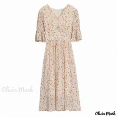 Olivia Mark - Floral Print Chiffon Stem Dress with Waist Cinching - Long, Elegant, and Sophisticated Lady Dress White Short Sleeve Feminine Chiffon Dress, Feminine White Chiffon Short Sleeve Dress, Feminine White Short Sleeve Chiffon Dress, Beige Short Sleeve Chiffon Dress, Elegant Beige Floral Print Chiffon Dress, Fitted Chiffon Dress With Short Sleeves For Brunch, Casual Cream Chiffon Dress, Fitted Chiffon Dress For Daywear, Feminine Chiffon Brunch Dress With Short Sleeves