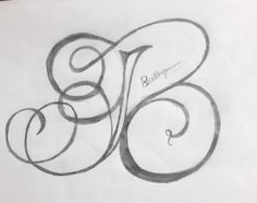 a drawing of the letter b in black and white with some writing on paper behind it