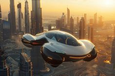 a futuristic car flying through the air over a city