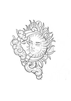 a drawing of a sun with clouds and flowers on it's face, in black and white