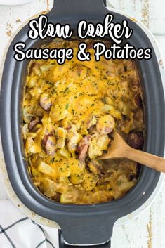 slow cooker sausage and potato casserole in a cast iron skillet