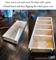 two wooden boxes sitting on top of a hard wood floor next to a red cord